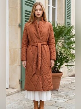 Quilted Belted Long Coat in Rust